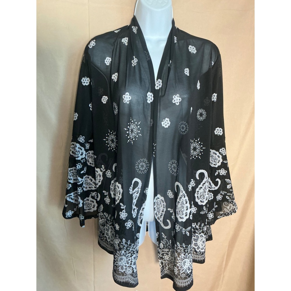 Ember Kimono Cardigan Womens Large Black White Paisley Bell Sleeve Excellent
